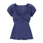 Summer Women Short Sleeve T-shirt Solid Color Low-necked Pleated Hem Casual Tops Y2K Retro Shirts