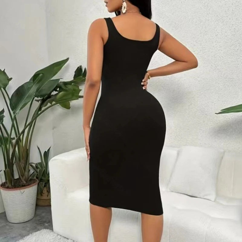 Button Front Scoop Neck Tank DressSleeveless Pencil Tank Dress For SpringSummerWomen's Clothing