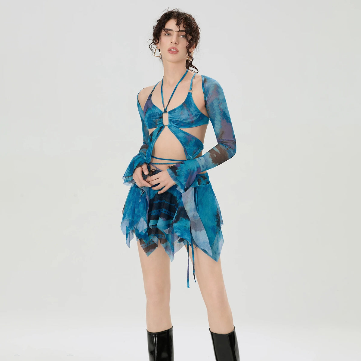Women 3 Piece Sets Long Sleeve Shrug + Halter Tank Top + Irregular Pleated Skirts Y2K Aesthetic Gothic Sexy Streetwear
