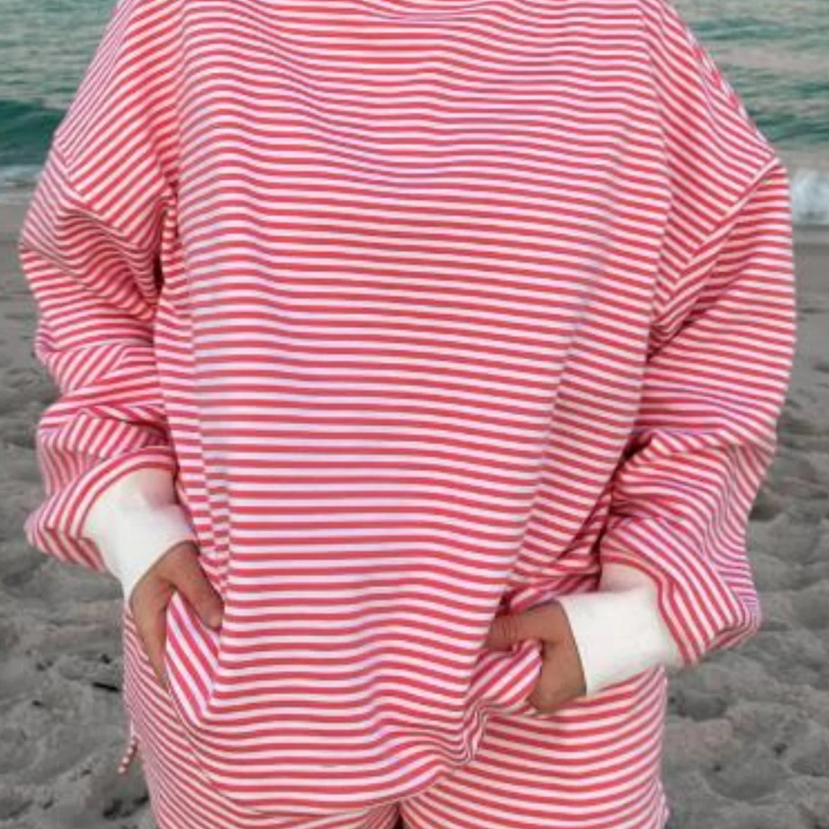Striped Print Suits for Women Casual Loose Fit Stylish Crew Neck Long Sleeve Tops and Shorts Fall 2 Pcs Set