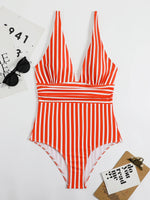 2026 Striped One Piece Swimsuit Sexy Swimwear Women V-neck Bathing Swimming Suit Female Summer Beachwear Bodysuit