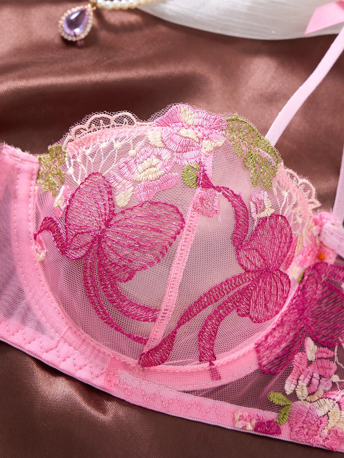 Sweet Girl Style Pink Sexy Butterfly Embroidery Underwear Set - French Romantic Intimate Women's Underwear ZA825296