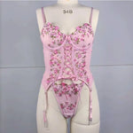 Toucheart Sexy Lingerie Suit for Women Broken Flowers Lingerie Lace Up Hollow Out Sexy Embroidery Sling Underwear Garters Set