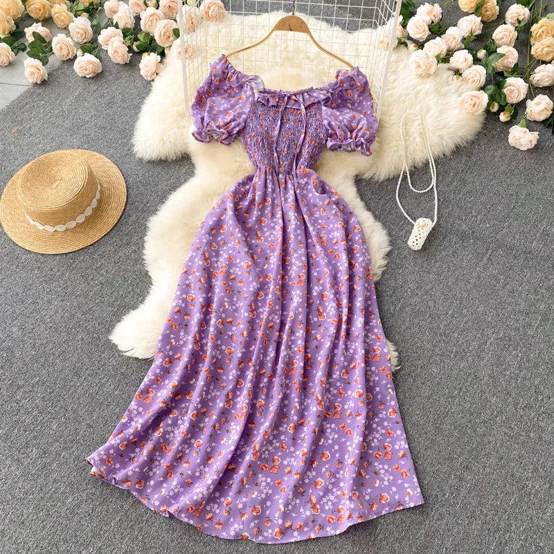 2025 Summer French Vintage Floral Dress Fashion Elegant High-Waisted Drawstring Vestidos Printed Fresh And Sweet Long Dresses