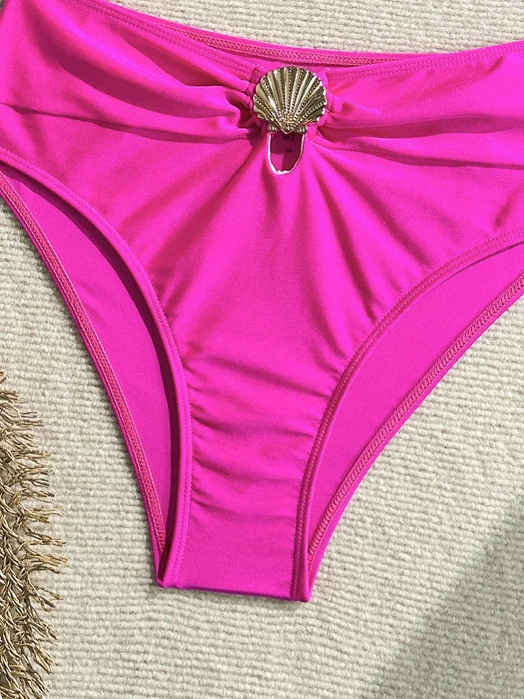 Sexy Metal Shell High Waist Bikini Set Women Black Coffee Pleate Push Up Two Piece Swimsuit 2026 Holiday Bathing Suit Swimwear