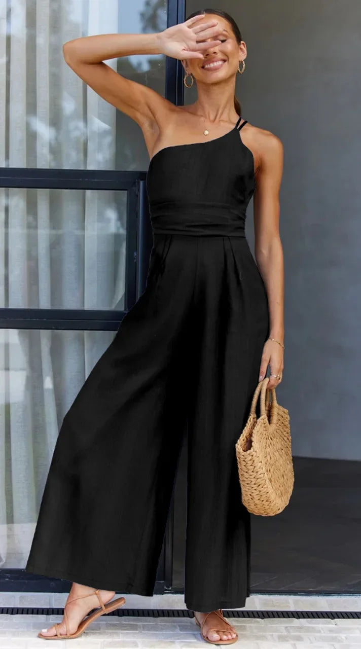 Foridol Waist Folds Backless Double Strap Casual Wide Leg Jumpsuit Long Pants Green 2025 New Female LooseJumpsuit