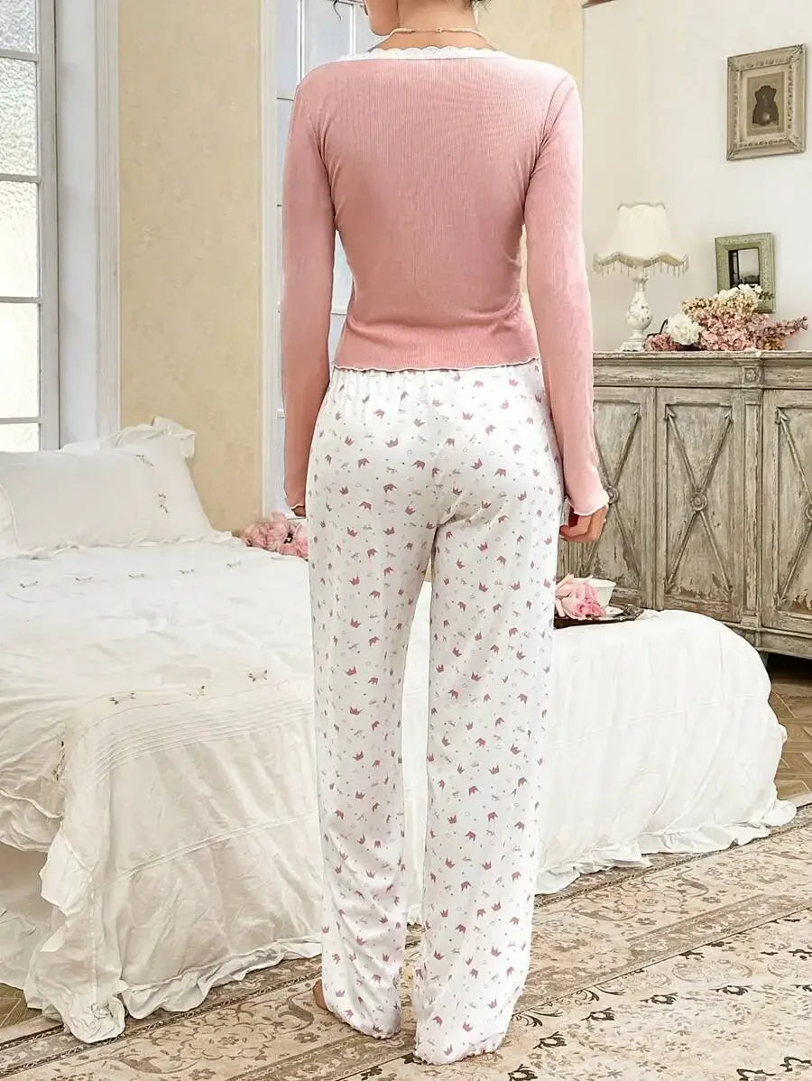 Women SleepwearLong Sleeve T-shirt with Long Trouses Set Autumn Winter Pajamas Set Homewear Femme Loungewear