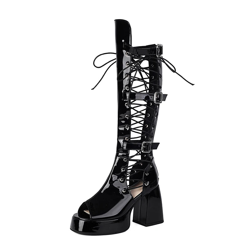 Plus Size Women Black Patent Matte Leather Lace Up Knee High Boots Peep Toe Platform Block Heel Back Zip Gothic Y2K Party Heels