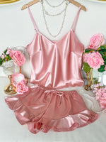 2Pcs Women Pink Satin Sleepwear Set V Neck Cami Top with Ruffle Shorts Sexy Breathable Loungewear Pajama for Home