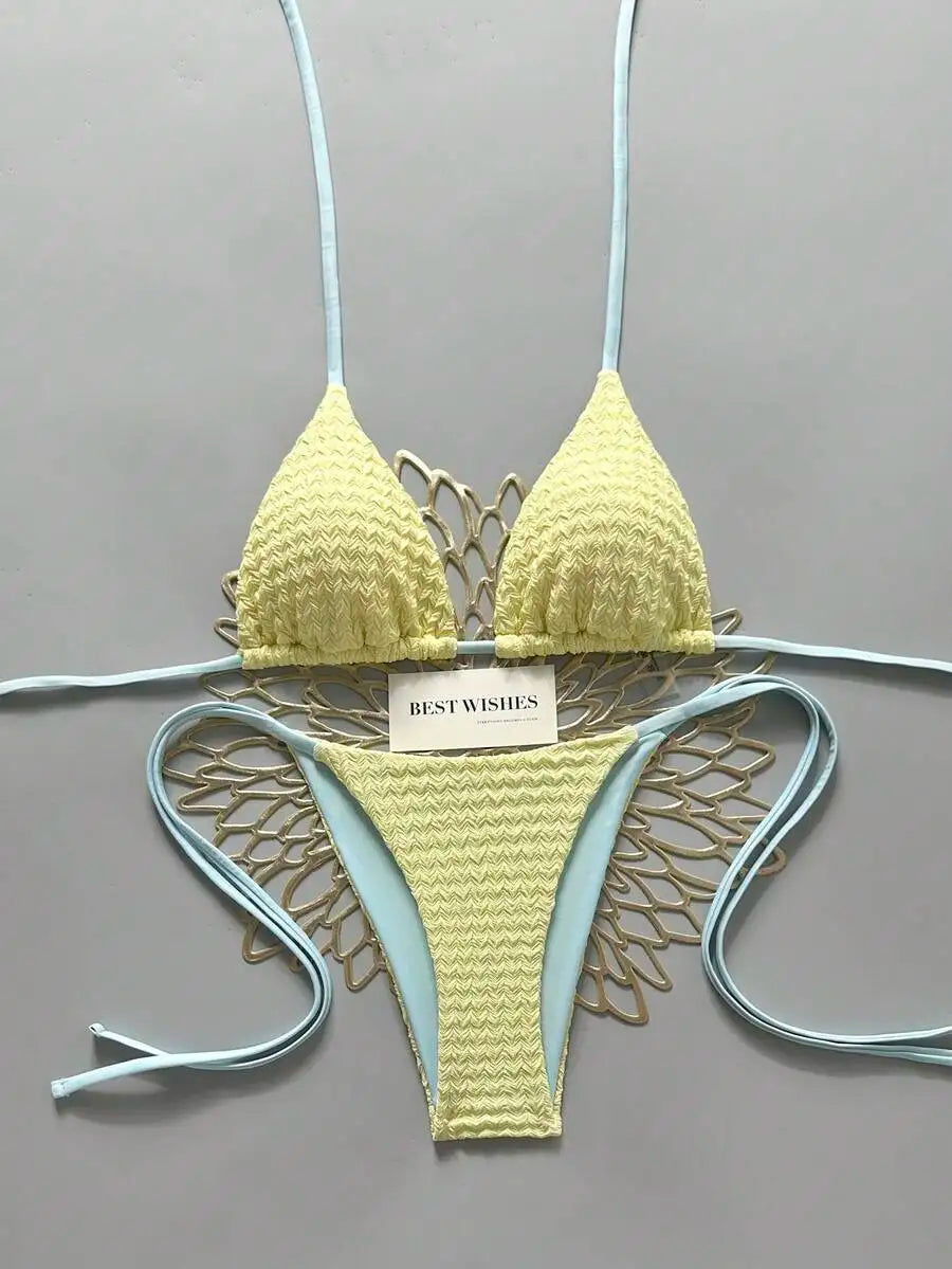 Womens Green Yellow Brazil Print Halter Tie Side Bikini Set For Beach Pool Vacation