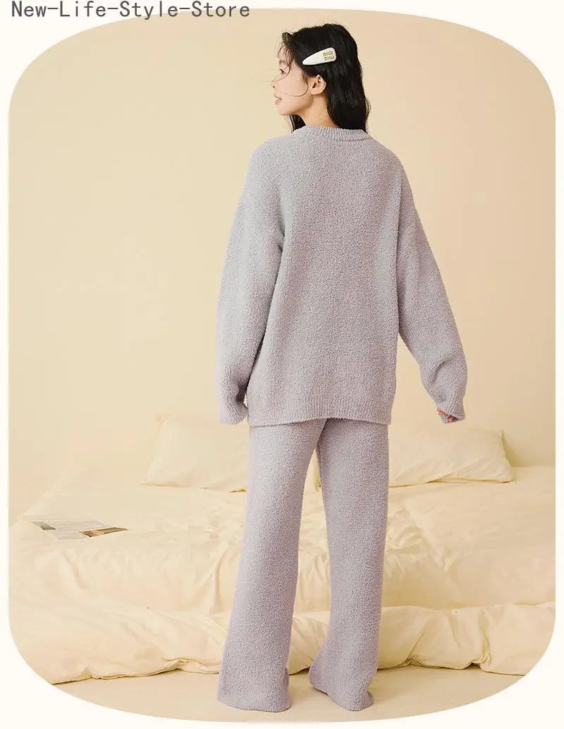 Women Autumn Winter Half Fleece Pajama Set Solid Round Neck Thick Warm Soft Casual Homewear Sleepwear Suit Wearable Outside