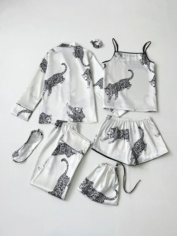 Luxurious women's starry sky print, leopard print satin pajama set, including pocket collar top, pants, shorts, adjustable shoul