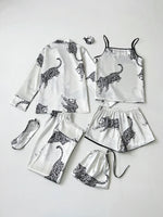 Luxurious women's starry sky print, leopard print satin pajama set, including pocket collar top, pants, shorts, adjustable shoul