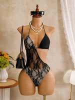 DEKA Sexy Lace Patchwork Swimwear Neon Green Transparent One Piece Swimsuit Women Hollow Out Backless Mesh Bathing Suit Holiday