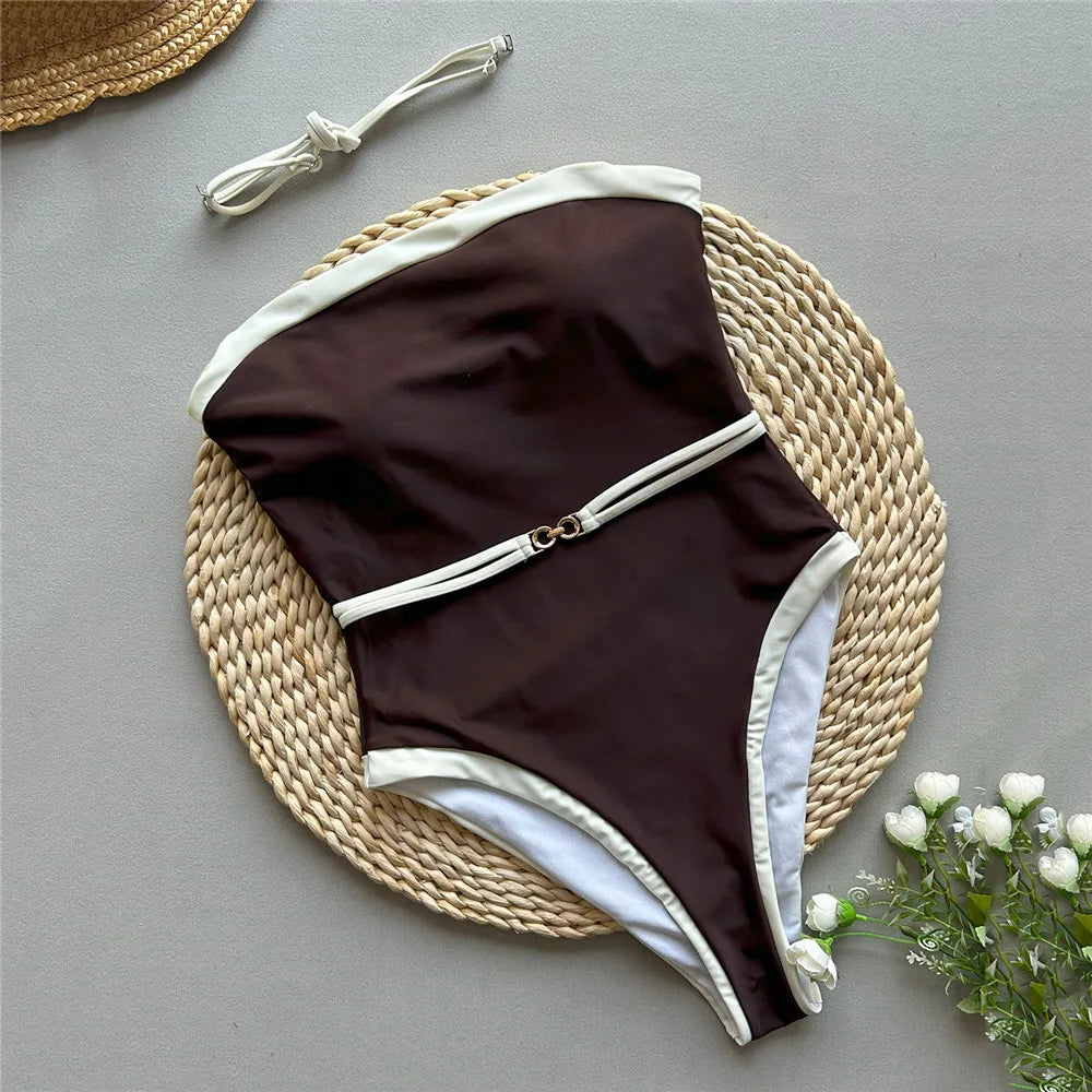 Brown Strapless Sexy Swimsuit Women One Piece Swimwear 2026 White Edge Metal Ring Belt High Cut Bathing Swimming Suit Monokini
