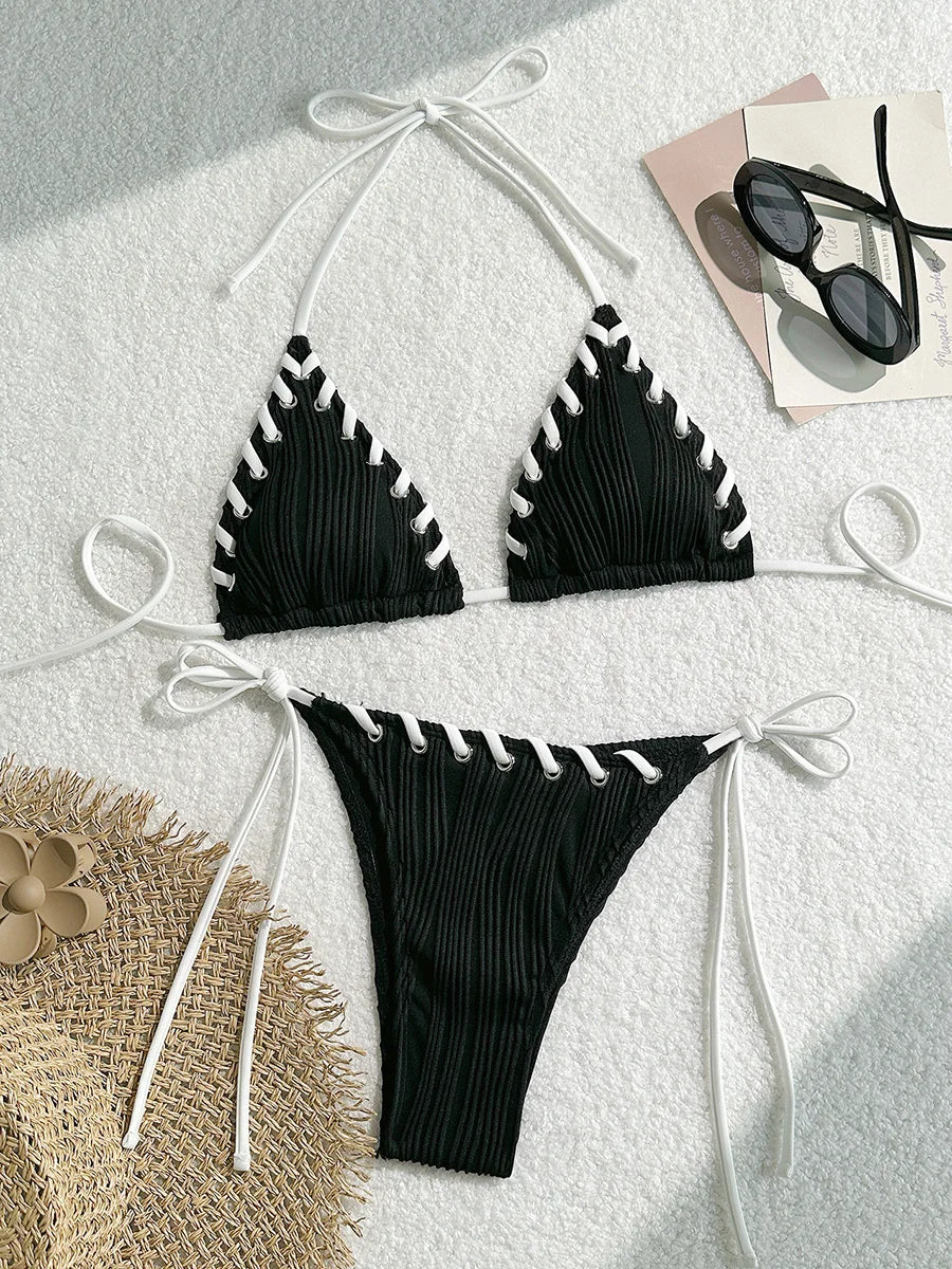 2025 Halter Wrinkled Weave Bikini Women Swimwear Female Swimsuit Two Pieces Bikini Set Brazilian Bathing Suit Swim Beach Wear