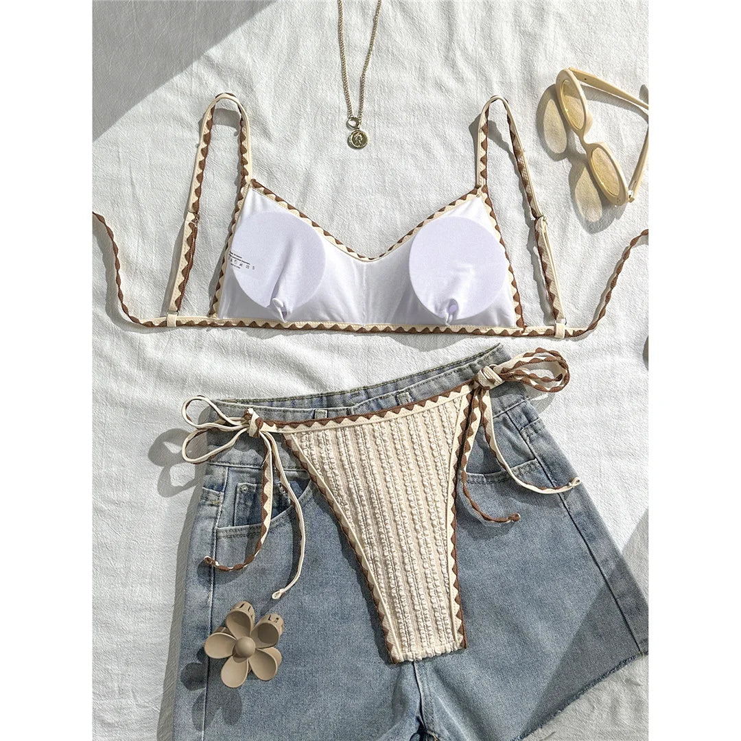 Wrinkled Crinkled Bikini Women Swimwear Female Swimsuit Two-pieces Bikini Set High Leg Cut Padded Bather Bathing Suit Swim V8029