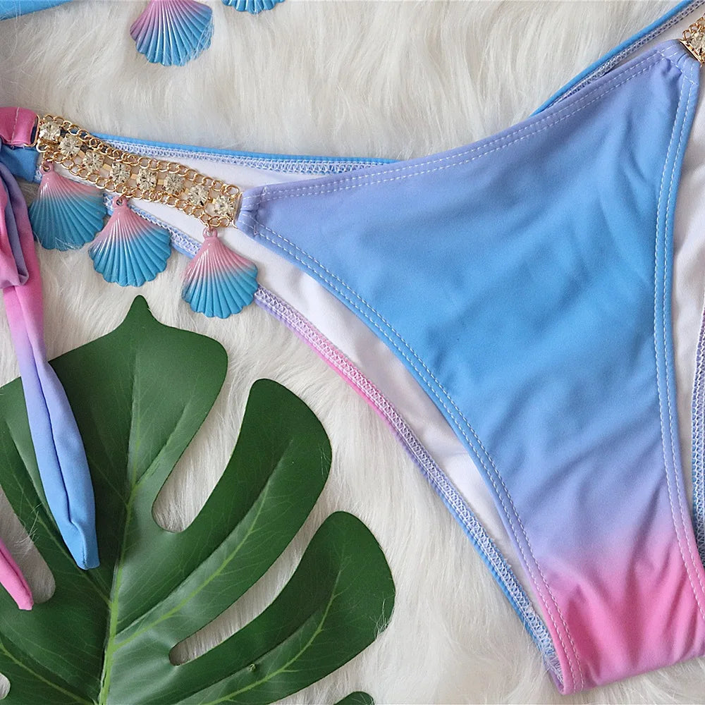 DEKA Shell Bikinis Swimsuit with Rhinestones Criss Cross Bikini Set Women Pink Push Up Bathing Suit Diamond Thong Swimwear