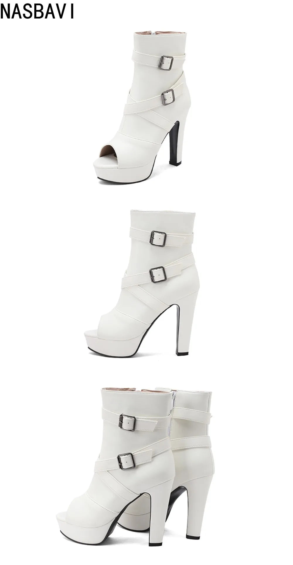 White Sexy Women Sandals Peep Toe 12cm Chunky Platform Zipper Belt Big Size 34-50 Dating Nightclub Ankle Cool Sandals Boots