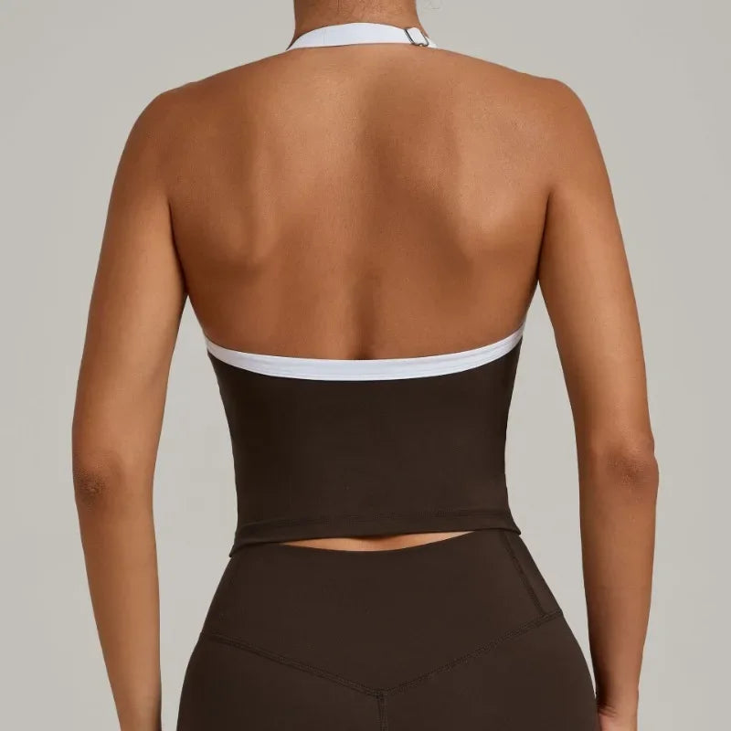 Women's Seamless Yoga Tank Top - Adjustable HALTER Neck & Quick-Dry Fitness Shirt Color Block Running Sports Gym Workout Top