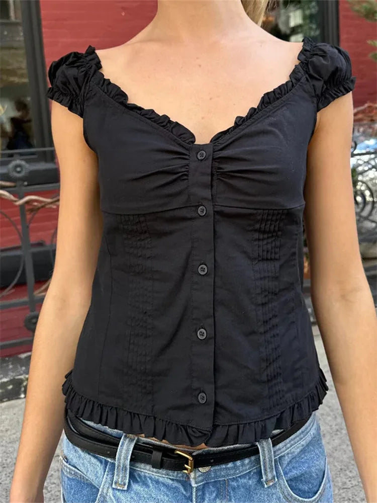 Women's Button Down Tops Fashion Cap Sleeve Solid Color Slim Fit Frill T-Shirts Summer Blouses