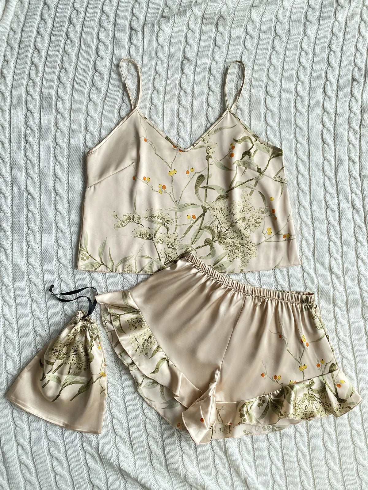 Spring Summer Silk Sleepwear Set, Fashion Print Shorts Pajamas Home Wear, Sexy Strap Dress Storage Bag, Comfortable Women's Nigh