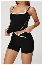 Yoga Shorts Sets Fake Two Piece Hanging Neck Shockproof Vest High Waist Pants Fitness Suit Breathable Women's Tight Sports Set