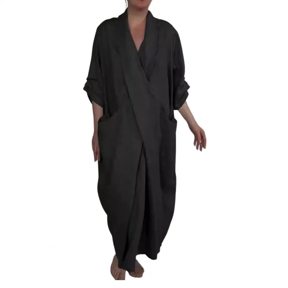 Bohemian Maxi Dress Spring Autumn Maxi Dress Robe Baggy Cross V Neck Large Pocket Retro A-line Casual Party Travel Dress