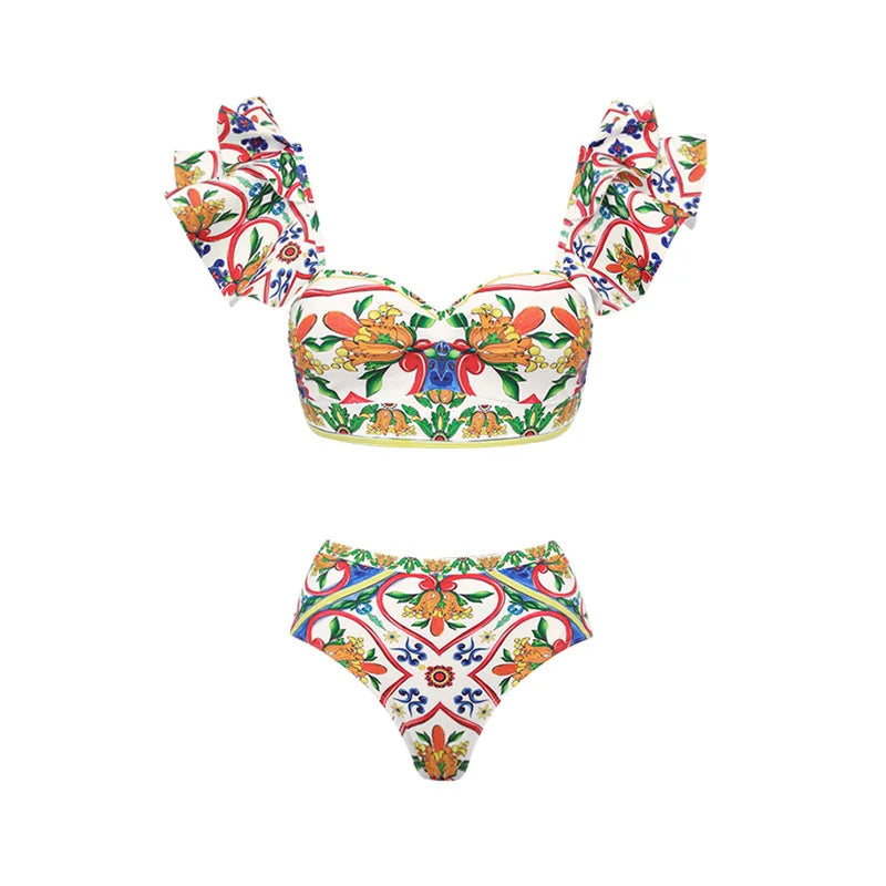 2024 Women Swimwear 2PC Cover-up Swimsuit Ruffle Solid Printed Deep V One-piece Monokini Kimono Bikini Suit Summer Beachwear