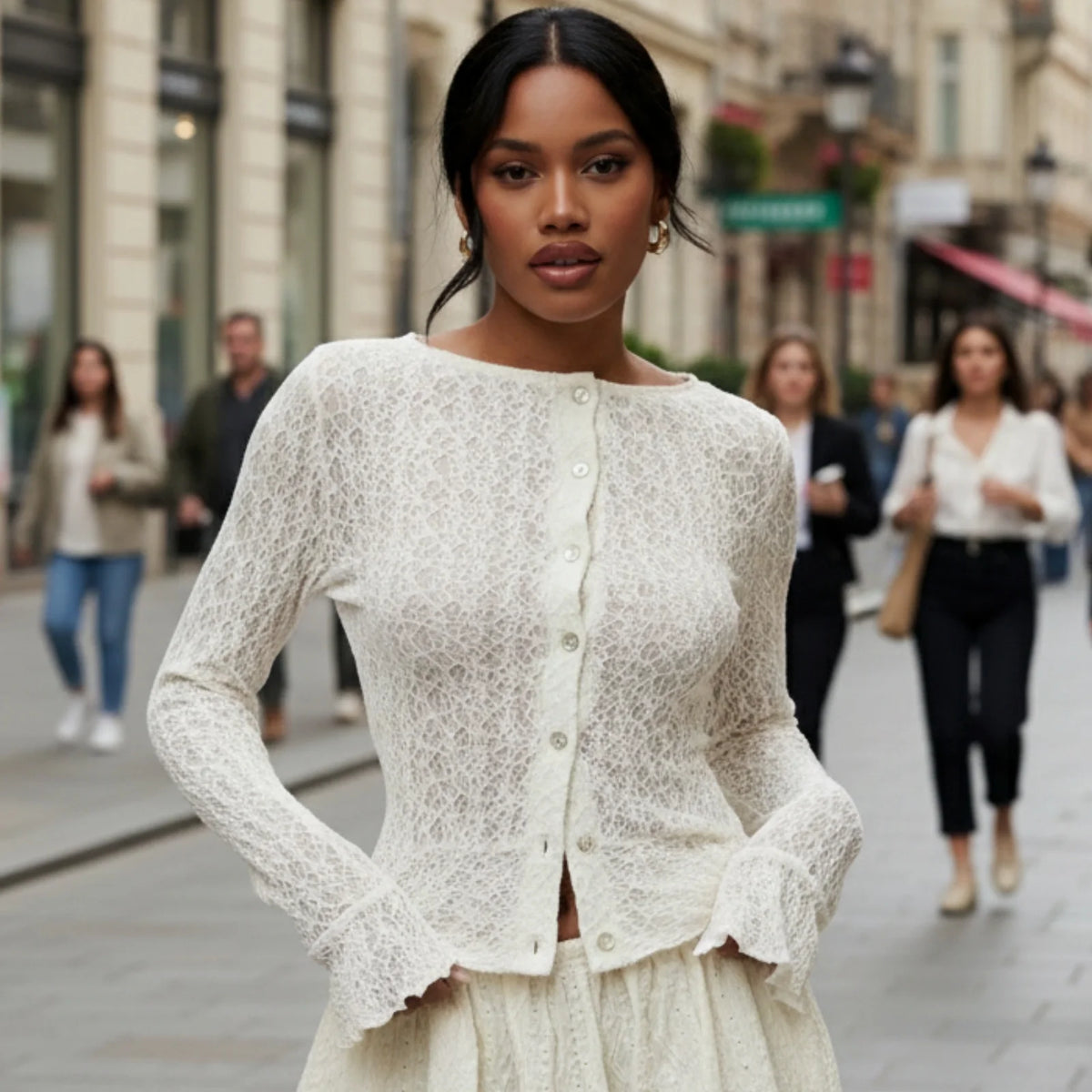 Solid Color Long Sleeve Going Out Lace Top Women Sheer Tops Elegant Round Neck Slim Fit White Textured Button Up T-shirts