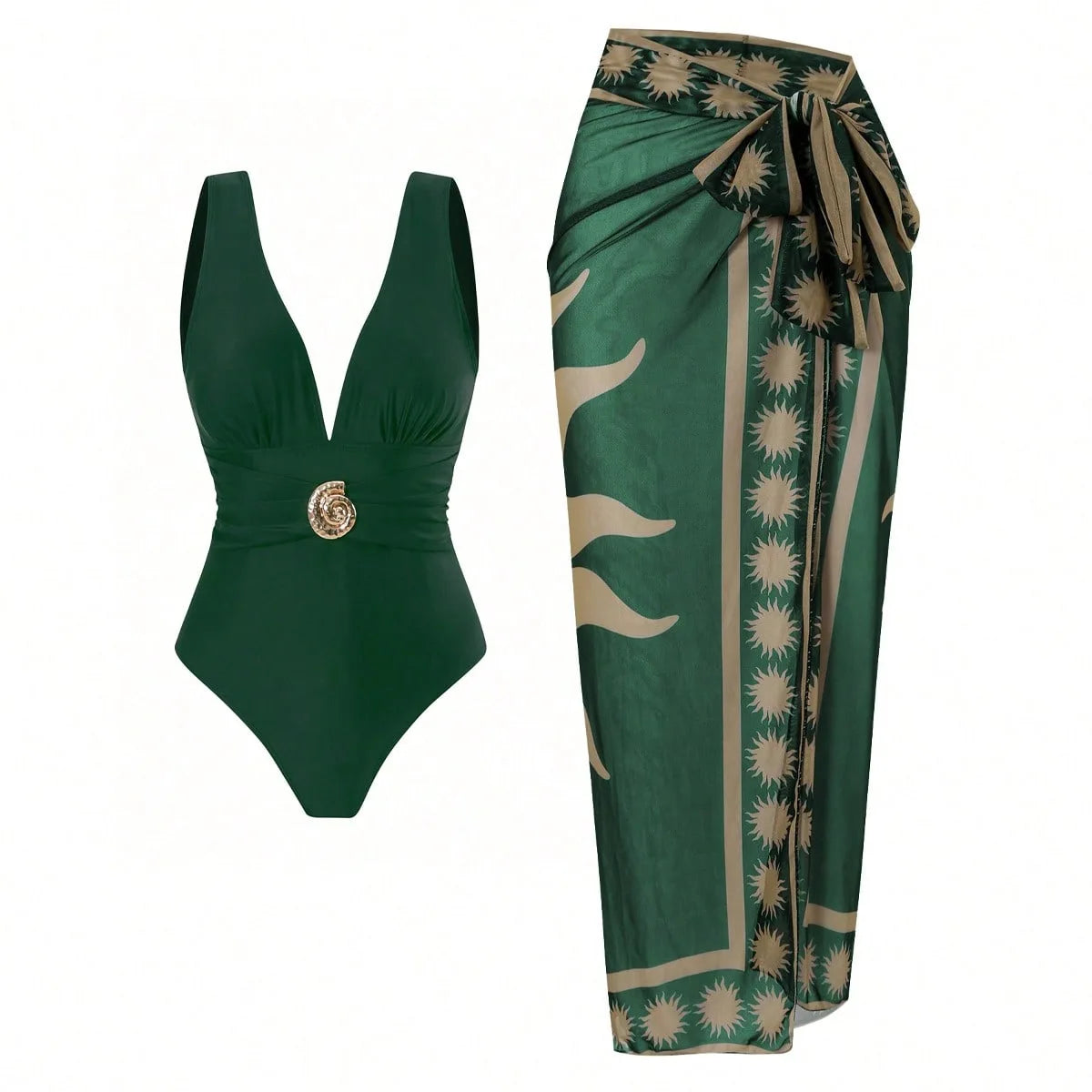 Vintage Green Deep V Neck One Piece Swimsuit 2025 Women Sexy Mesh Long Skirt Swimwear Set Beach Bathing Suit Holiday Monokini