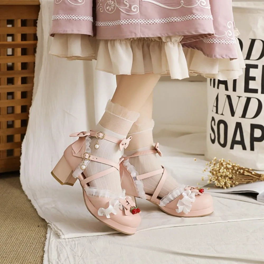 Women Lace Single Leather Lolita Shoes 2026 Cute Japanese Sweet Bow Thick Square Heel Shoes Girls' Party Dress Sandals Shoes 43