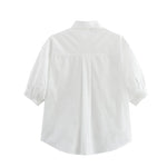 Women's Fashion Casual White Short Sleeve Shirt White Cotton Button Shirt Lapel Collar Half Sleeve Loose Fit Casual Blouse 8GDK