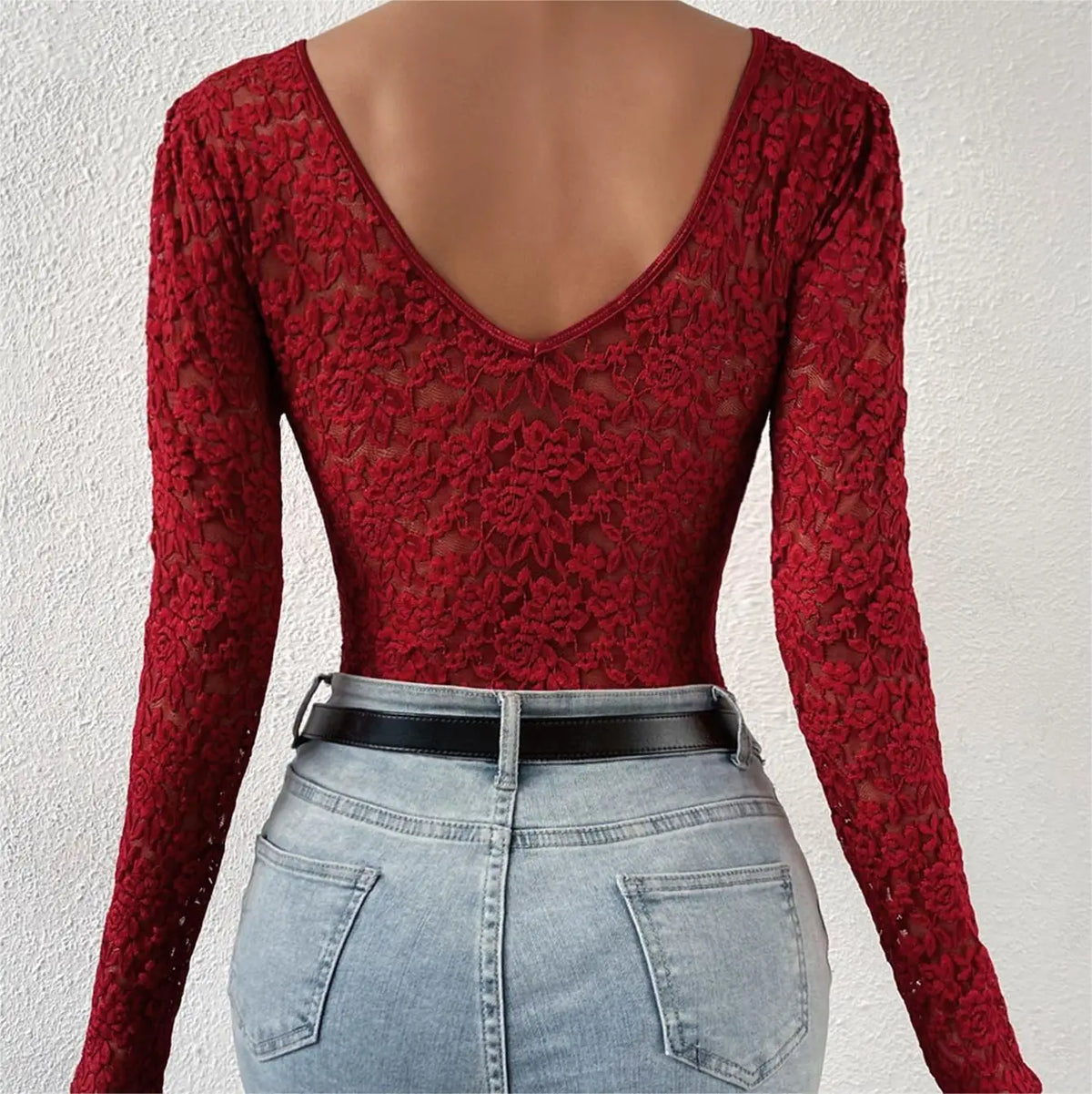 Sexy White Lace Bodysuit Women Solid Color Long Sleeve Sheer Corset Top Autumn Ruffles V Neck See Thourgh Slim Fit Jumpsuit