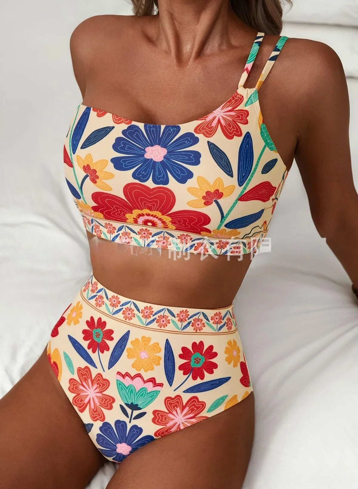 Women Sexy High Waist Split Swimsuit Lace Up Floral Bikini Set Summer Two-piece Beachwear Bathing Suit Thong Biquinis