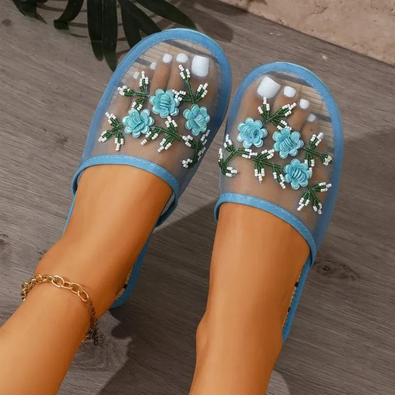 Womens Slippers Summer Mesh Breathable Shoes Flats Closed Toe Embroider Soft Bottom Chaussures
