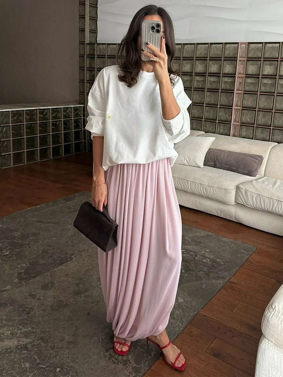 FDYOUI Elegant Solid Color Pleated Skirts for Women 2026 Chic High Slit Long Skirt High Street Office Lady Vacation Party Dress