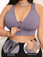 Women's Bra Plus Size Zip Front Yoga Sports Bra, X-Back Wirefree Removable Pads 1XL-4XL
