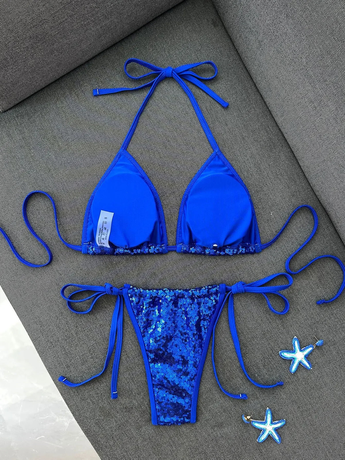 Shiny Sequin Blue Bikini Set 2026 Women Sexy Halter Push Up Bra Bandage Thong Swimsuit Beach Bathing Suit Hoiday Micro Swimwear