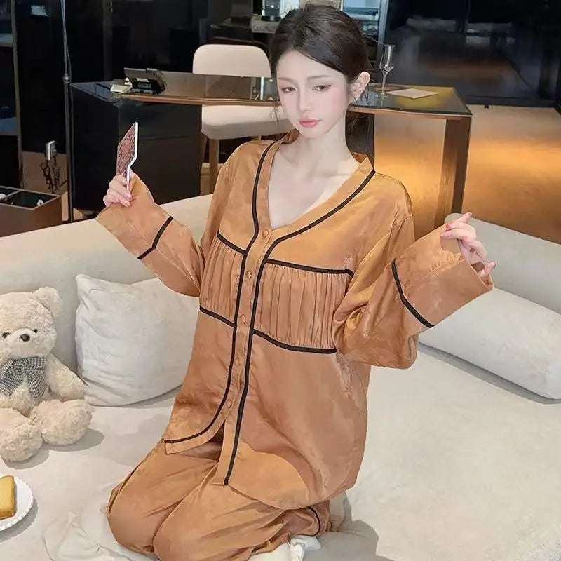 Spring and summer ice silk pajamas for women, sweet pajamas set, long sleeves and trousers, comfortable home clothes