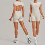 Tight Invisible Wrinkle Yoga Sets Women Short Sleeve O Neck Hollow Back Sports Tank Top Butt-Lifting Shorts Gym Fitness Suits