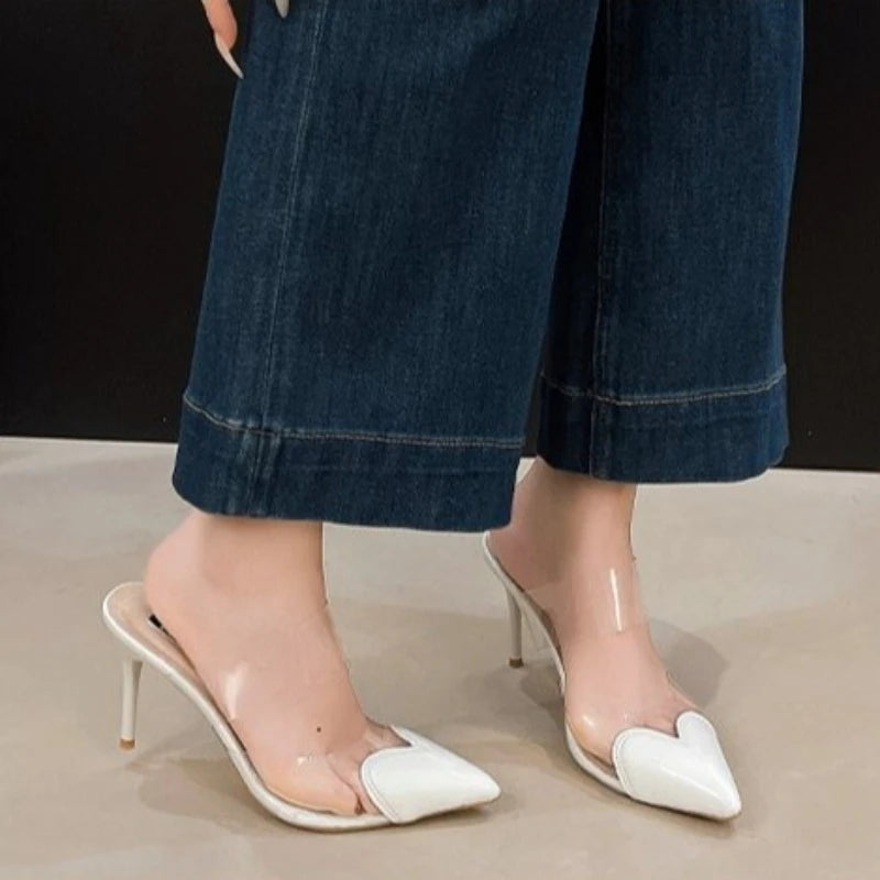 2026 summer new patent leather nude color thin heel pointed high-heeled sandals with a transparent and sexy