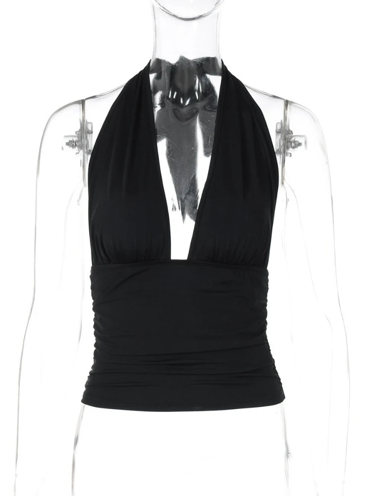 FDYOUI Sexy Deep V-neck Bandage Solid Crop Tops Women's 2026 Summer Halter Off Shoulder Sleeveless T-shirt Vacation Corset Top