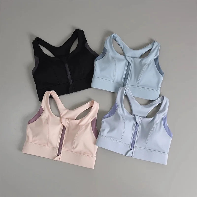 Women's sports and fitness bra with contrasting color design, shock-absorbing and gathered front zipper