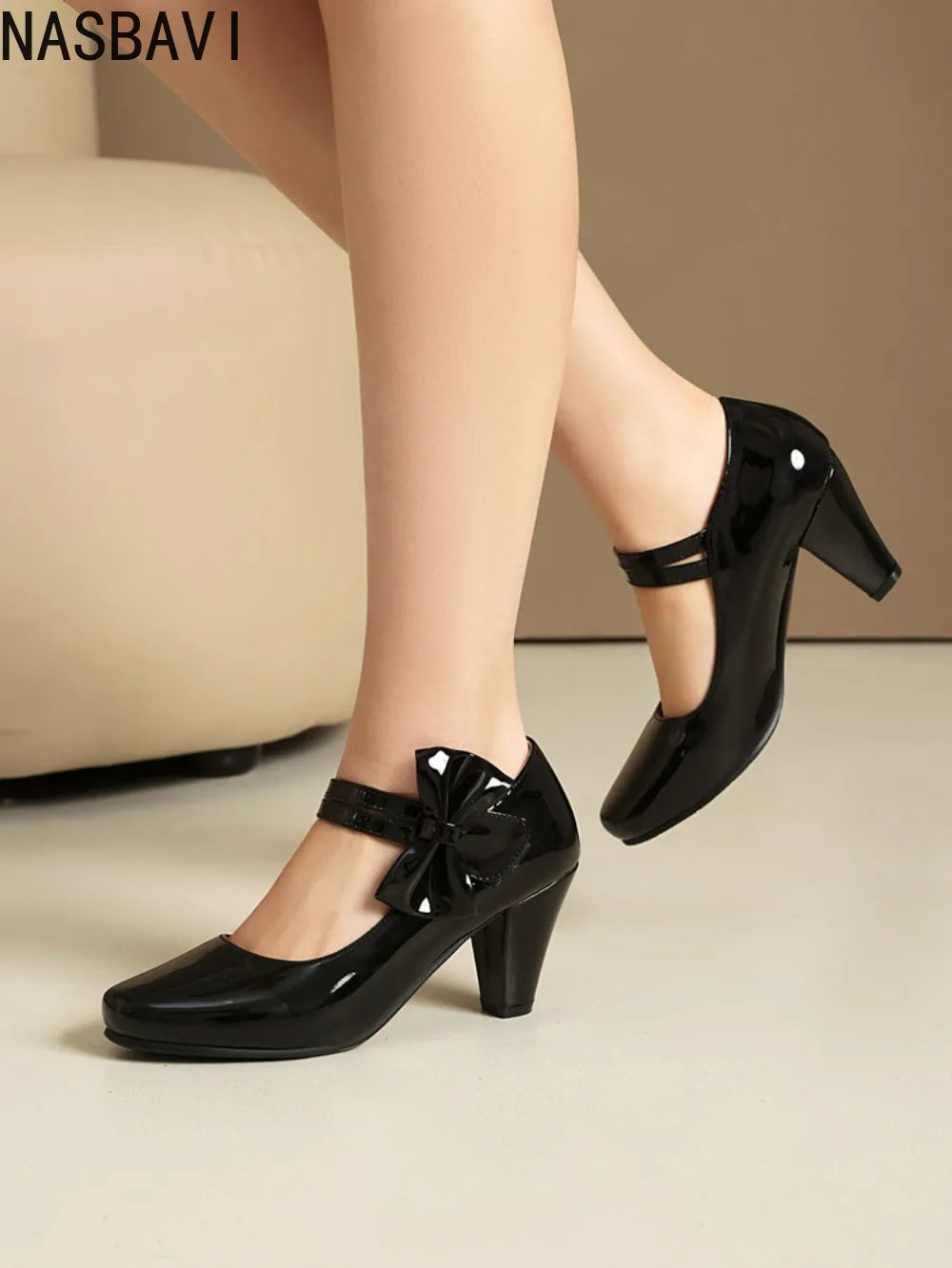 Spring Hot Sale Patent Leather Chunky Heel High Shoes Women's Platform Wedding Party Single Dress Shoes Large Size 33-45 Pumps