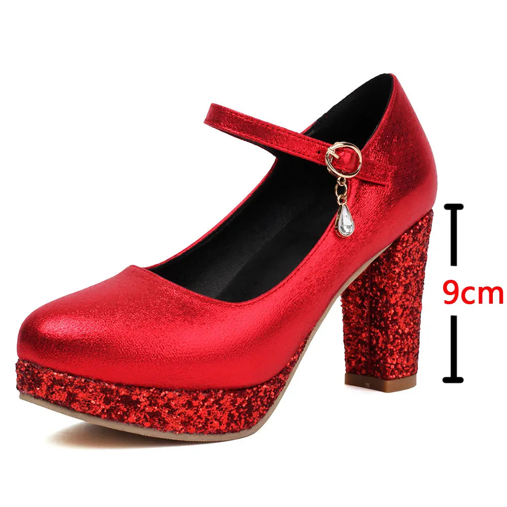 Plus Size 33-47 Metallic Gold High Heels Party Pumps Red Platform Heels Glitter Sequined 9cm Height Silver Wedding Shoes Women