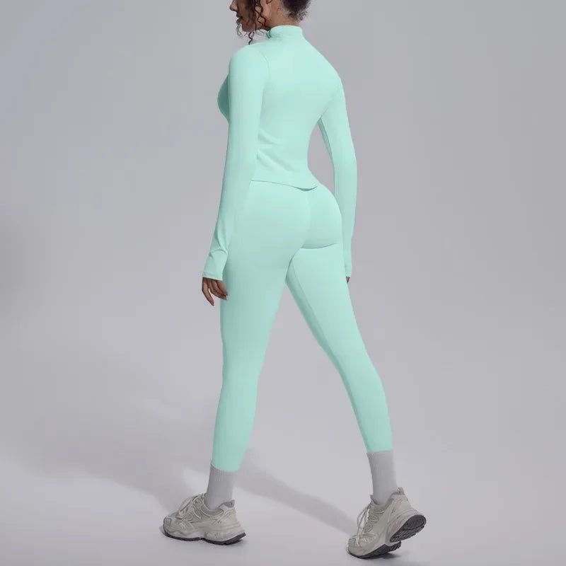 Women's Seamless Yoga Sets Sports Fitness Zipper Long-Sleeve Jacket Slim-fit Hip Lift Pants Suits Workout Training Gym Sets