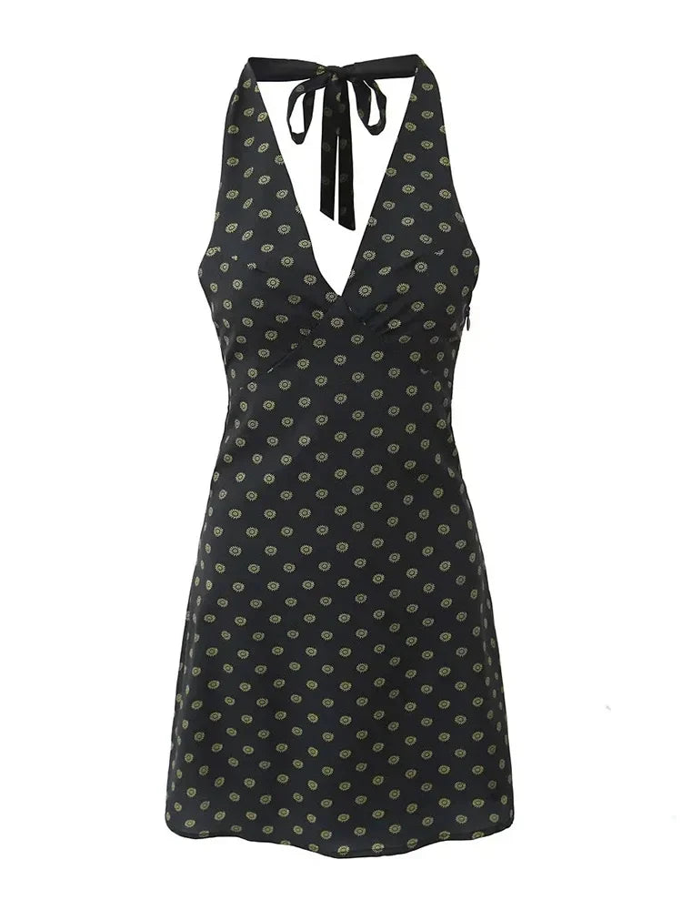 V Neck French Style Summer Women Dress Printed Boho Short Black Beach Dress Party Vintage Backless Tie Up Sexy Halter Dress 2025