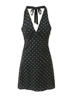 V Neck French Style Summer Women Dress Printed Boho Short Black Beach Dress Party Vintage Backless Tie Up Sexy Halter Dress 2025