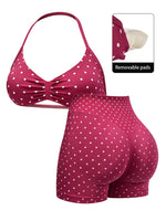 Sexy Black Polka Dot Print Seamless Yoga Sets Women Hanging Neck Pleate Sports Bra Tight High Waist Short Running Fitness Suits